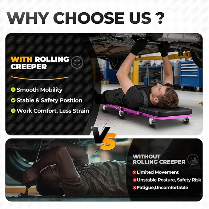 Auto Dynasty 40" Z-Creeper Seat, 2-in-1 Foldable Garage Creeper Shop Seat, 330 LBS Capacity Automotive Mechanic Repair Under Car Rolling Creeper Seat, Purple