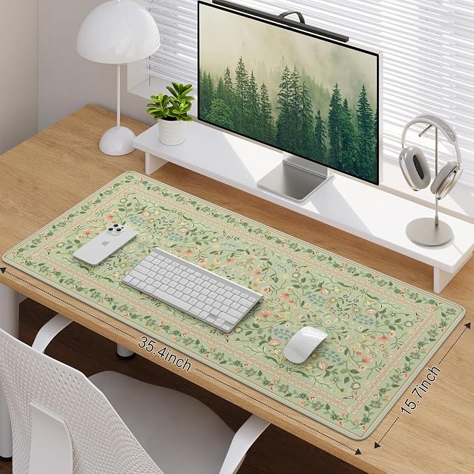 iCasso Desk Mat for Keyboard, Large Mouse Pad,35.4x15.7in,Light Green | Desk Pad for Home Office Decor Supplies, Desk Accessories, Non-Slip Mousepad with Stitched Edge, Smooth Water-Resistant
