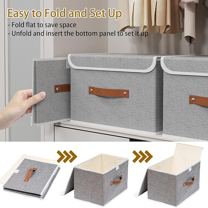 Yawinhe Collapsible Storage Bin, Cube Organizer Basket, Fabric Box with Lids, Washable and Leather Handle, for Home, Closet, Grey, 15.0''Lx9.8''Wx9.8''H, 1-Pack, USNK024GL-1