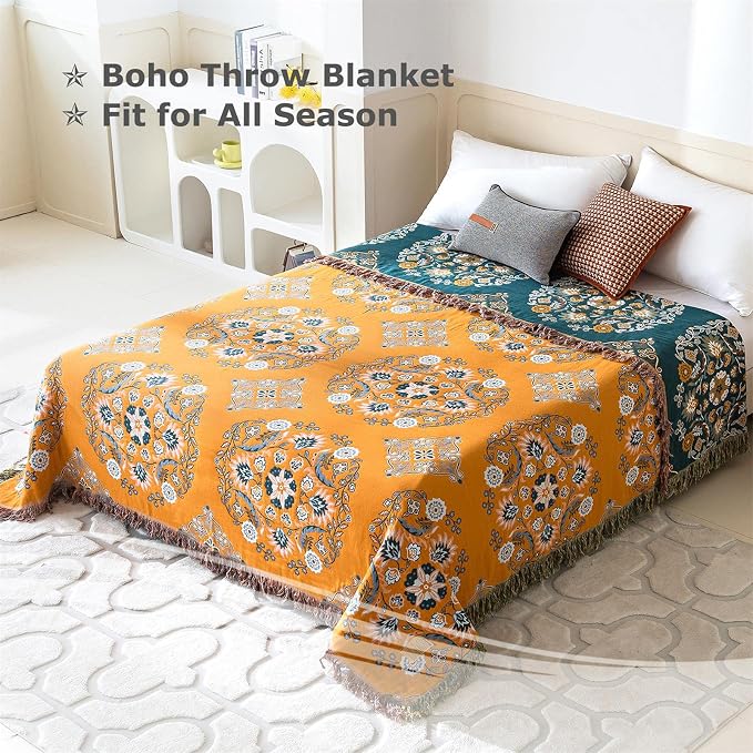 LUTBM Boho Throw Blanket for Bed 100% Cotton Soft Lightweight Quilt Reversible Summer Blanket Floral Embroidery Home Decor Bed Blankets,90"x98" All Season Blankets for Sofa Couch Chair