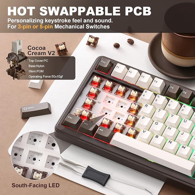YUNZII B75 PRO 75% Wireless Mechanical Keyboard (Coffee Brown, Cocoa V2) | Hot Swap Keyboard with Knob, Gasket Mount, Creamy Pre-lubed Switch for Smooth Typing, BT/USB-C/2.4G, for Gaming