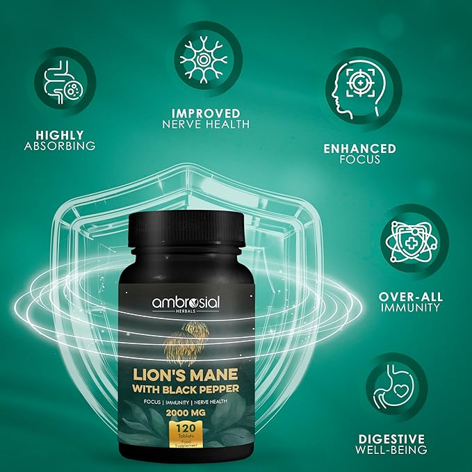AMBROSIAL Lion's Mane with Black Pepper - 2000 mg Pack of 1-120 Tablets