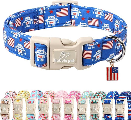4th of July Dog Collar, Robot Star-Spangled Patriotic Dog Collars for Small Dogs, Adjustable Lightweight Quick-Release Buckle Collar for Boy&Girl Dogs S