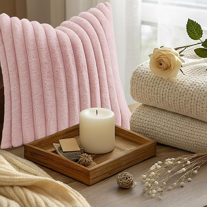 decorUhome Fall Faux Fur Throw Pillow Covers 16x16 Set of 2 Pink | Decorative Soft Cozy Striped Plush Modern Farmhouse Boho Couch Pillow Cases Velvet Back for Sofa Bed Living Room Home Decor