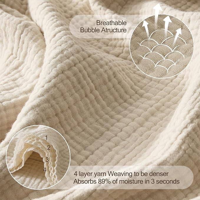 WDCOZY 100% Cotton Muslin Blanket Queen Size 4-Layer for Bed Breathable Lightweight Soft Large Boho Farmhouse Linen Tassels Ruffle Gauze Blankets All Season for Adults 90x90 Inches Beige Tan Neutral