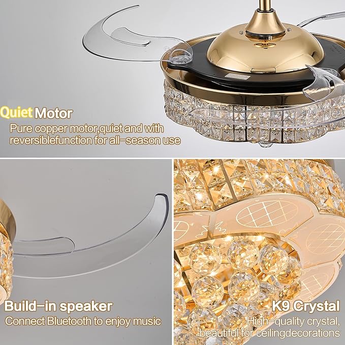 RGB Ceiling Fan with Light,36 Inch Fandelier Crystal 6-Speed Silent Reversible Remote APP Control LED Chandelier Speaker Dimmable Bluetooth, Gold