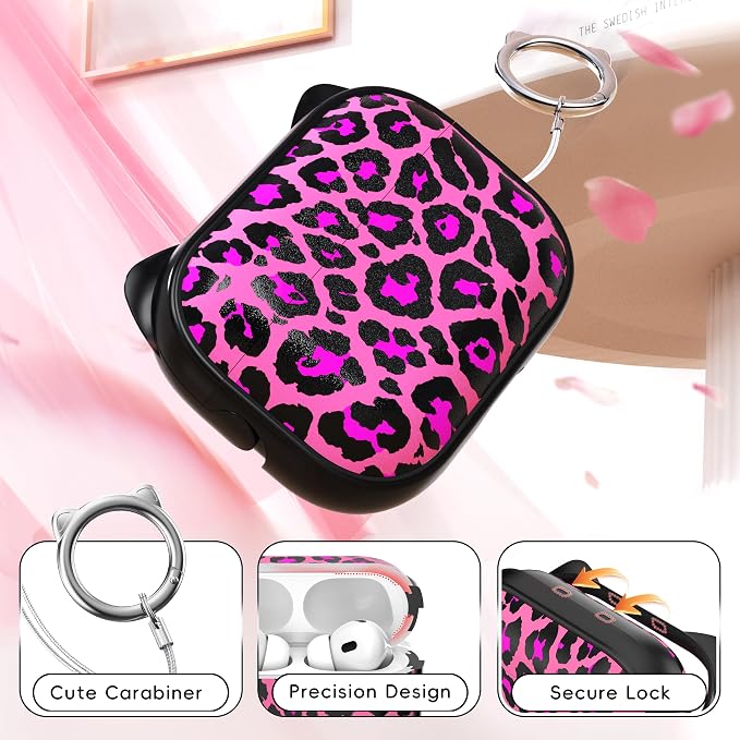 for AirPods Pro 2 Case with Cleaning Kit, Cute Cat Ear Print Design & Cute Buckle for Girls, Phone Holder & Top Safe Lock Buckle Design for AirPods Pro 2nd/1st Gen case, Rose Leopard