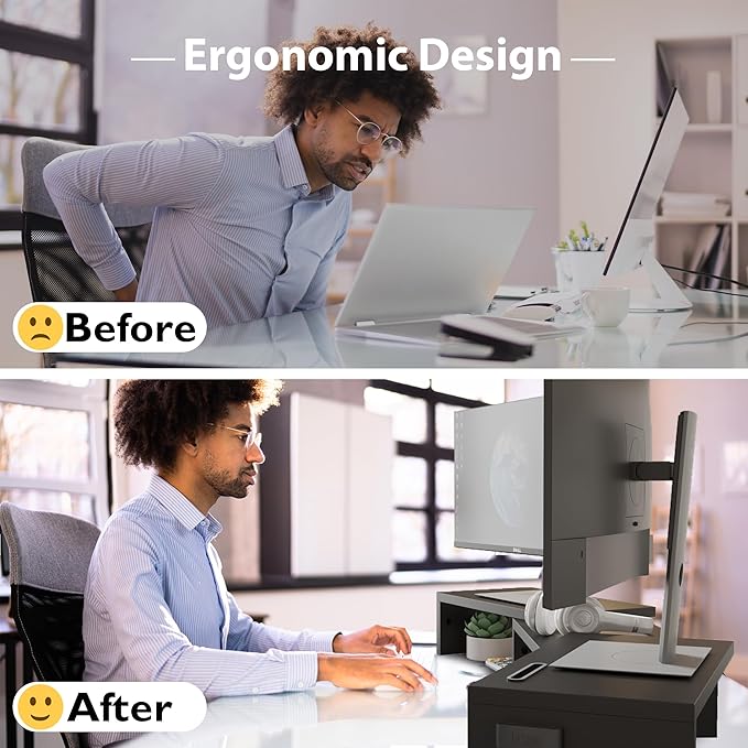 BONTEC Dual Monitor Stand Riser with Smartphone Holder, Adjustable Length & Swivel Angle, Ergonomic Wooden Desktop Organizer for PC Monitor, Laptop, Printer, Large Storage, 42.5 in, Black