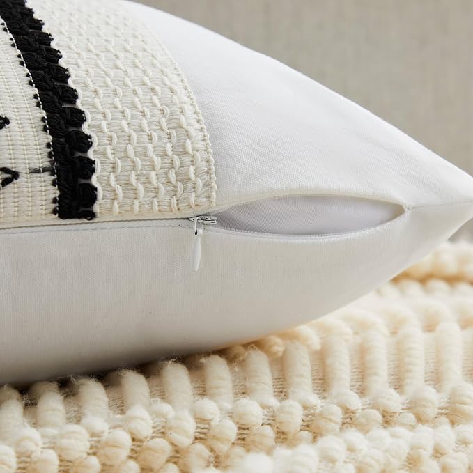 2pk Boho Pillow Covers 18x18, Natural White/Grid/Black | 100% Organic Cotton Body, Stripe Embroidery, Farmhouse Decorative Cushion Covers for Sofa Bed Living Room Home Decor