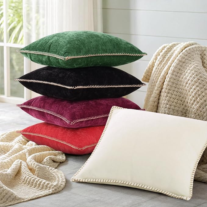 decorUhome Soft Chenille Throw Pillow Covers 18x18 Set of 2 Rhododendron | Fall Textured Decorative Throw Pillow Cases Stitched Edge Modern Farmhouse Luxury Boho Velvet for Couch Sofa Bed Home Decor