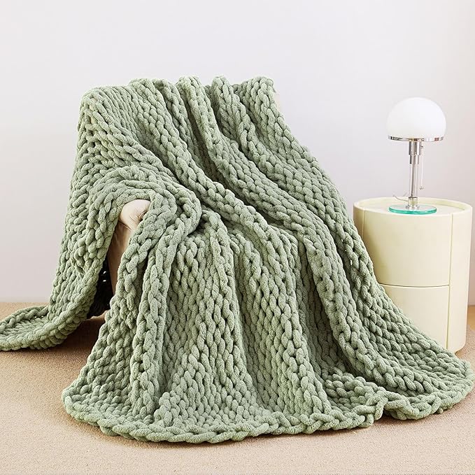 Chunky Knit Blanket Throw for Couch, 40"x50" Chunky Yarn Knitted Blankets | 100% Hand Knit Thick Chenille, Soft Breathable for Bed, Sofa, Home Decor, Cozy Gifts for Women Friends, Sage Green