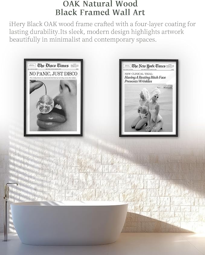 iHery 12x16in No Panic Just Disco Black Framed Newspaper Wall Art | Premium Black Natural OAK Wood Frame with Canvas Print, Retro Disco Ball Decor for Bedroom, Girl Dorm, Living Room 1Pack