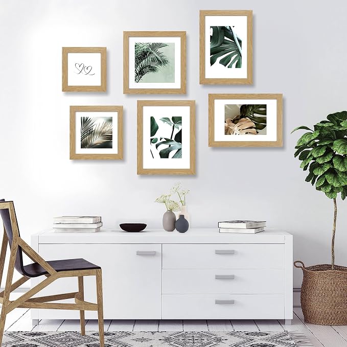 Hongkee 12x12 Picture Frame Set of 4 - Made of Glass and Natural Oak Wooden Frame, Display Square Pictures 10x10 with Mat or 12 x 12 without Mat, Desktop & Wall Collage Photo Frame