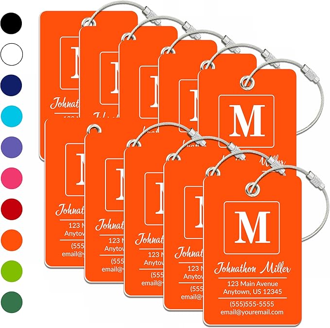 Personalized Luggage Tag | 10 Pack | Custom Luggage Tags for Suitcases | Kids Backpack Tag | 10 Color Options & Choose Font, Font Color