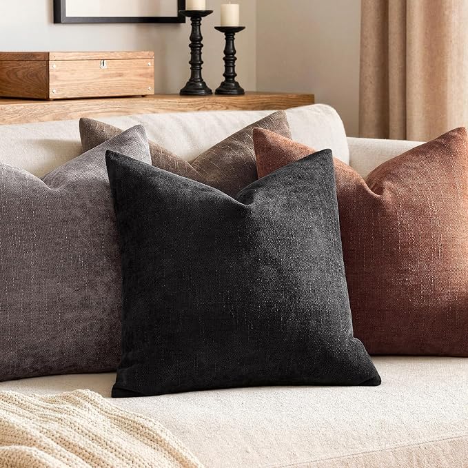 MIULEE Textured Chenille Throw Pillow Covers 20x20 Inch Black | Pack of 2 Decorative Soft Throw Pillows, Solid Textured Cushion Covers, Modern Home Decor for Couch Sofa Bedroom Living Room