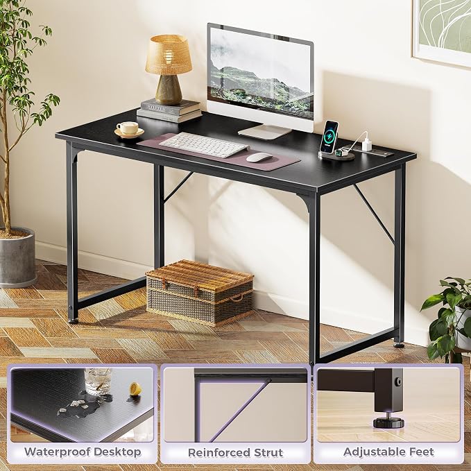 PRAISUN 40 X 20 Inch Computer Desk, Power Outlets, USB-C, Black | Office Desk with 4 AC Outlets, USB & USB-C, Sturdy Metal Frame, Spacious Desktop for Work, Writing, Study & Gaming