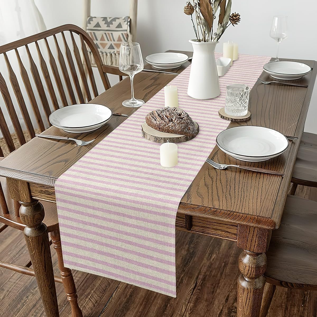 Feelyou Light Pink Stripes Table Runner,13 x 60 Inch Geometric Dresser Scarfs Stripe Line Dresser Runners Modern Striped Art Table Decor for Home Party Light Pink
