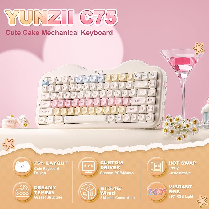 YUNZII C75 Cute 75% Wireless Mechanical Keyboard (Beige, Candy Switch) | Creamy Cake Keyboard, BT5.0/2.4G/USB-C, Hot-Swap, NKRO, PBT MOA Keycaps,5500mAh RGB Gasket Mount for Mac/Win/Gaming/Office