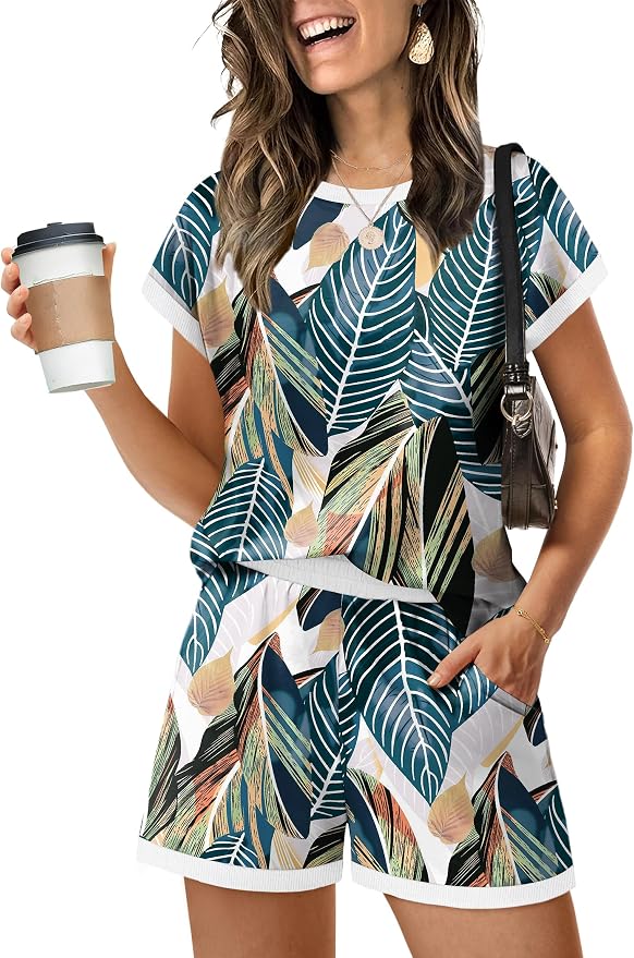 WIHOLL Two Piece Sets for Women Summer Lounge Short Sets Cap Sleeve Crew Neck Sweatsuit with Pocket XS-2XL