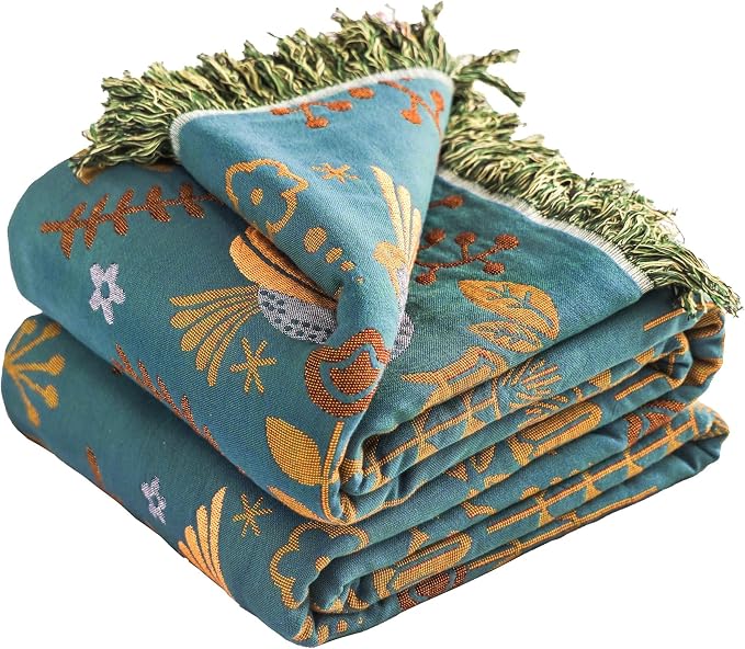 VANJOROY Boho Throw Blanket, 100% Organic Cotton Breathable Ultra Soft 80" x 90" Bed Quilt Throw - Floral Rustic Bird Farmhouse Decor Luxury Reversible Blanket for Sofa Couch Chair and Gift,Teal/Beige
