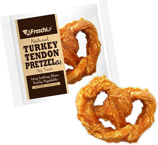 A Freschi srl Turkey Tendons for Dogs, USA-Sourced, Healthy Dog Treats, Rawhide-Free Puppy Chews, Long Lasting, All Natural, Hypoallergenic Dog Treats for Large Breeds, 1 Count Pack Pretzel (L)