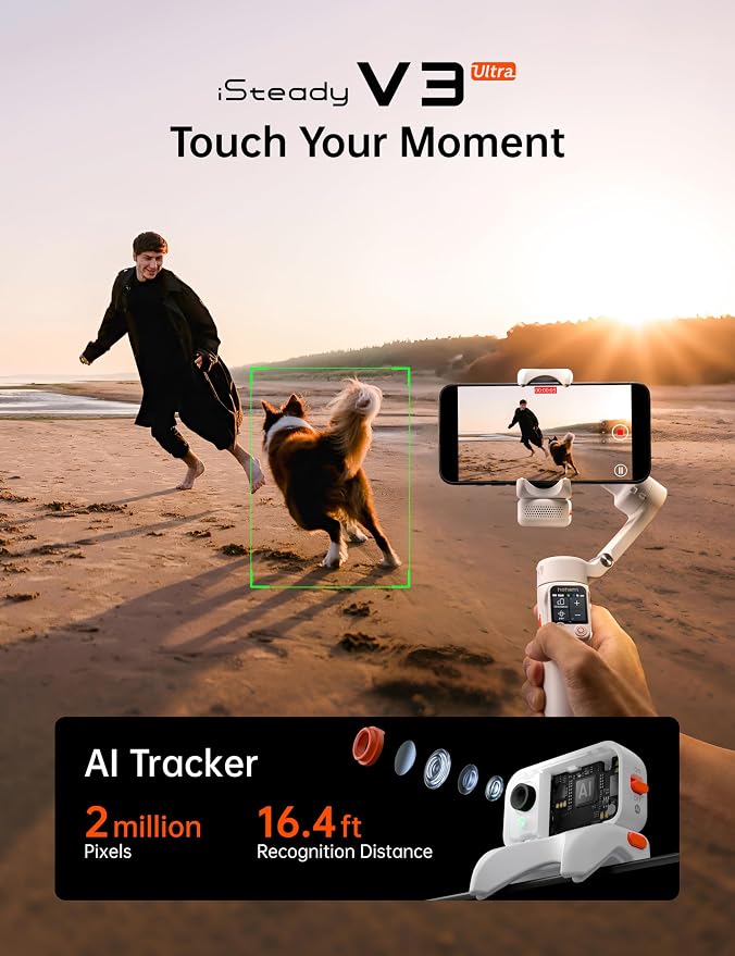 Hohem iSteady V3 Ultra Gimbal Stabilizer for Smartphone, AI Tracking Phone Gimbal, 1.22" Touchscreen Detachable Remote Control, Built-in Extension Rod & Tripod, 360�� Infinite Pan, Vlog Filming, White