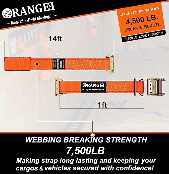 ORANGEE 4 Pack E Track Ratchet Strap 4500lb Breaking Strength for Container, Cargo Vans, Trailer Load Hi Visible Neon Orange Color