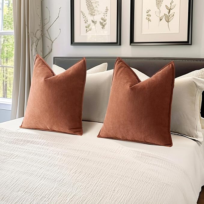 MIULEE Pack of 2 Fall Burnt Orange Euro Shams Chenille Pillow Covers 24x24 | Decorative Soft Couch Throw Pillows,Farmhouse Cushion Covers,Elegant Design for Sofa,Bed,Living Room,Summer Decor