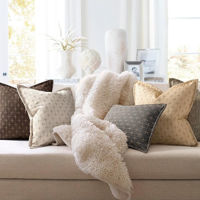 Pillow Covers 16x16 Set of 2 Soft Polyester Textured Pillow Covers with Stylish Flange Edge Cozy Farmhouse Throw Pillows for Couch Bed Sofa Living Room