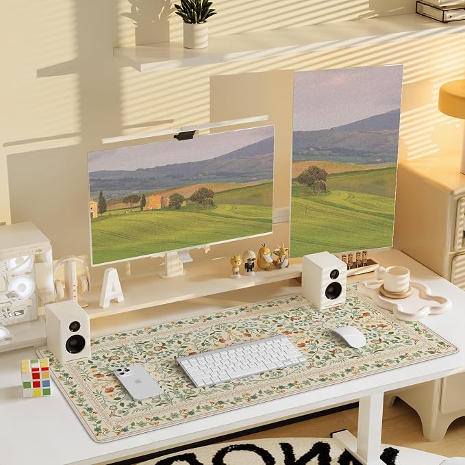 iCasso Desk Mat for Keyboard and Mouse, Large Mouse Pad, 35.4x15.7in,Beige | Back to School Desk Pad Mat, Anti-Slip Big Mousepad with Stitched Edges for Computer Desktop,Smooth Water-Resistant