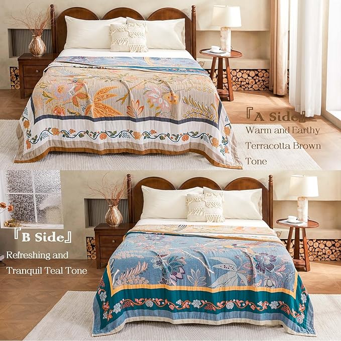 XIBLC Boho Blanket, 100% Cotton Farmhouse Decorative Throw Blanket, 50"x60" Reversible Bohemian Throw Blanket, Brown All Season Muslin Breathable Woven Blankets Quilt