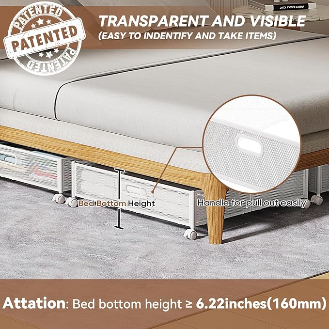 Under Bed Storage Containers with Wheels - Shoe Storage Organizer Drawer, Tool-free Assembly Metal Underbed Storage Containers for Bedroom Clothes, Shoes, Blankets - 2Pack