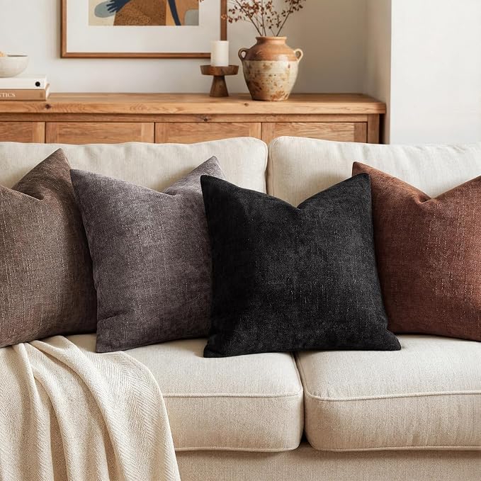 MIULEE Textured Chenille Throw Pillow Covers 18x18 Inch Black | Pack of 2 Decorative Soft Throw Pillows, Solid Textured Cushion Covers, Modern Home Decor for Couch Sofa Bedroom Living Room