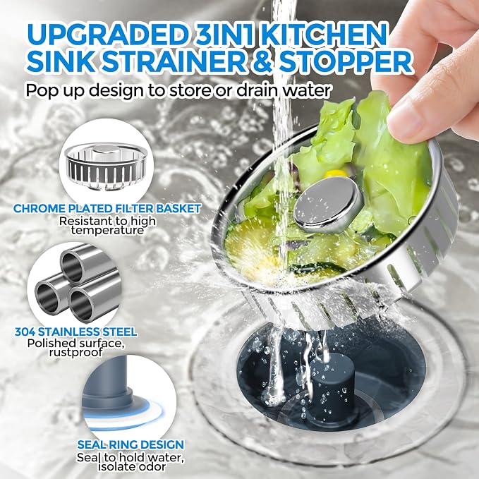zaa 3 in 1 Kitchen Sink Drain Strainer Stopper Removable Basket Pop-Up | Kitchen Sink Accessories 1 Pack Brushed Silver Stainless - Food Catcher, Odor-Blocking Seal, Fits 3.5" Drain