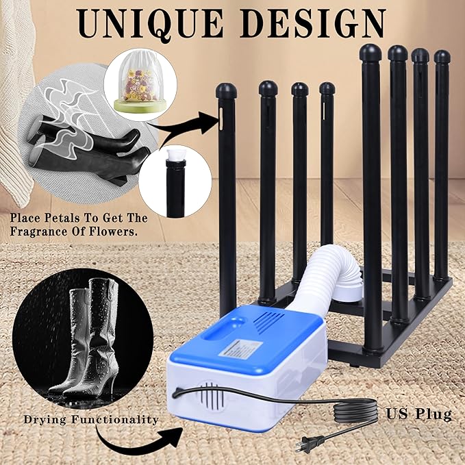 Boot Rack Organizer Tall Boots Boot Storage Free Standing Shoe Racks Black Metal for Dorm Room, Closet, Entryway, Bedroom for 4 Pairs With Multifunctional Portable Dryer 600W(54.4*50.2*30)