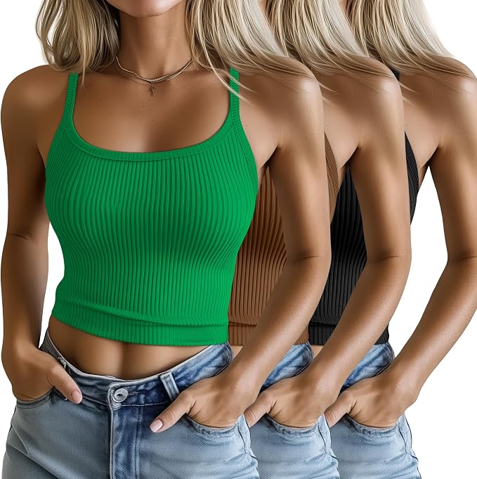 Ficerd 3 Pack Women's Tank Tops 95% Cotton Spaghetti Strap Ribbed Crop Camisole Slim Fitted Basic Summer Sleeveless Layer