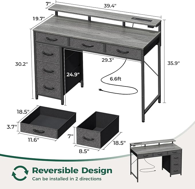 Huuger Gaming Desk with 6 Drawers, Computer Desk with LED Lights Power Outlets and Type-C, 39 Inch Office Desk with Storage, Monitor Stand, Writing & Work Desk for Home Office, Bedroom, Grey