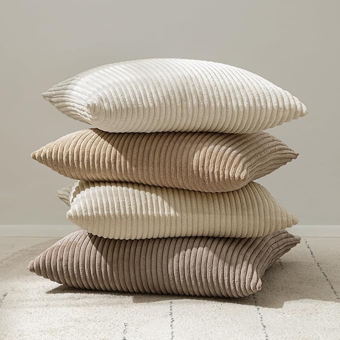 MIULEE Decorative Corduroy Throw Pillow Covers Set of 2 16x16 Cream White | Soft Striped Textured Cushion Cases, Boho Square Pillowcases Neutral Home Decor, for Couch Chair Sofa Bed Living Room