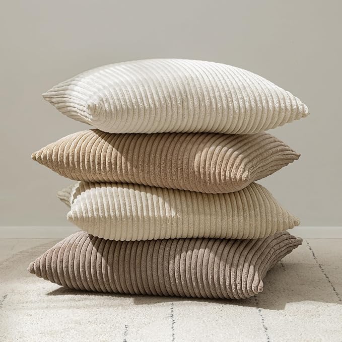 MIULEE Decorative Corduroy Throw Pillow Covers Set of 2 20x20 Cream White | Soft Striped Textured Cushion Cases, Boho Square Pillowcases Neutral Home Decor, for Couch Chair Sofa Bed Living Room