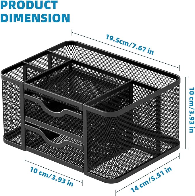 Marbrasse Mesh Desk Organizer, Pen Organizer with 2 Drawer, Multi-Functional Pencil Holder, Desk Organizers and Accessories with 5 Compartments + Drawer for Office Art Supplies (Black)