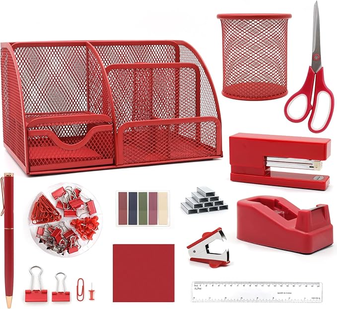 12 in 1 Red Desk Organizers and Accessories, Office Supplies Set Gifts for Coworkers, Office Supplies Include Stapler Pen Holder Tape Holder Staples Scissors Ruler Staple Remover for Home School
