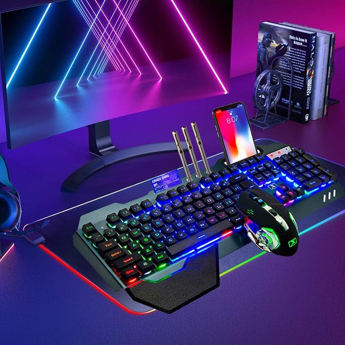 Wireless Gaming Keyboard and Mouse,Rainbow Backlit Rechargeable Keyboard Mouse with 3800mAh Battery Metal Panel,Removable Hand Rest Mechanical Feel Keyboard and 7 Color Gaming Mute Mice for PC Gamers
