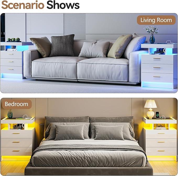 White Night Stand Set 2 with Wireless Charging Station,Smart Bedside Table with 3 Drawers,Modern Glass Top End Table with 3 Color Dimmable,LED Nightstand for Bedroom