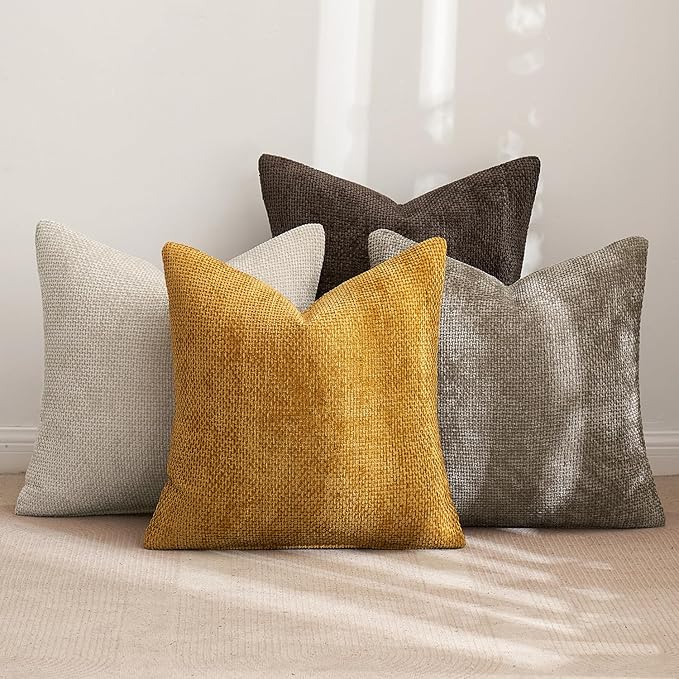 MIULEE Pack of 4 Couch Throw Pillow Covers 18x18 Inch Neutral Gold/Brown Soft Decorative Chenille Pillow Covers Farmhouse Accent Cushion Covers for Boho Fall Home Decor Sofa Bedroom Living Room