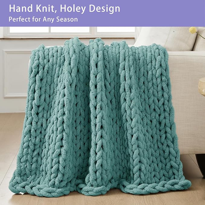 Bigacogo Chunky Knit Throw Blanket for Couch, 40x40 inches, Light Teal | Hand Knit with Jumbo Chenille, Soft Breathable Cable Knit for Sofa Bed Living Room, Machine Washable, Gift for Mom Friend