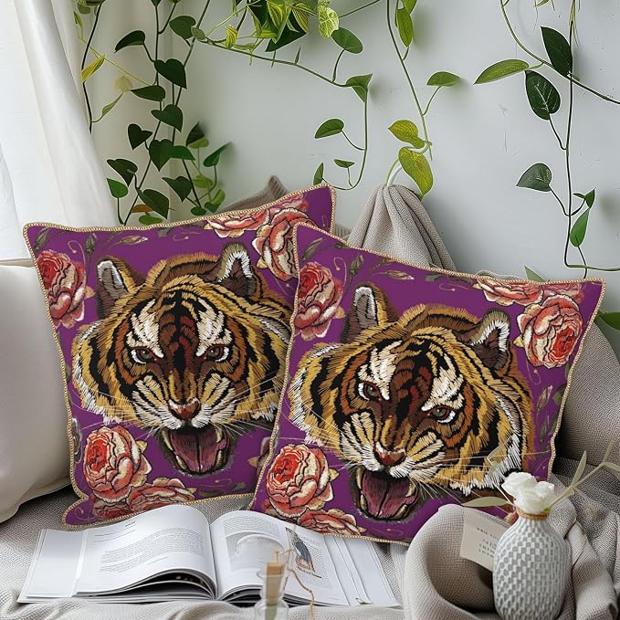 Tiger Flower Purple Velvet Pillow Covers 18x18 Inch Pink Floral Animal Throw Pillows for Couch Cushion Covers Pillowcase Farmhouse Modern Pillow Cases for Sofa Bed Living Room Bedroom