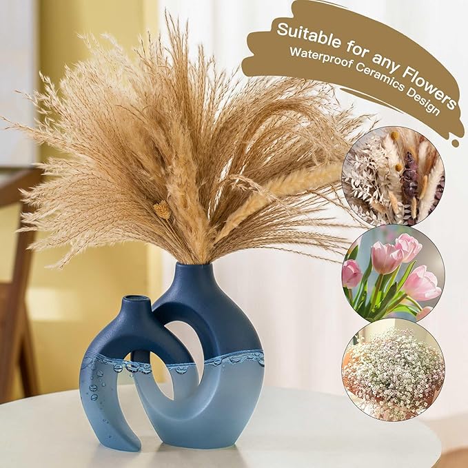 Lvases Snuggle Hollow Ceramic Flower Vase, Minimalist Decorative Vases of 2 | 8.4" Nordic Boho Home Decor Vase for Modern Aesthetic Ins Style Living Room Coffee Table Centerpieces Pampas Grass Decoration