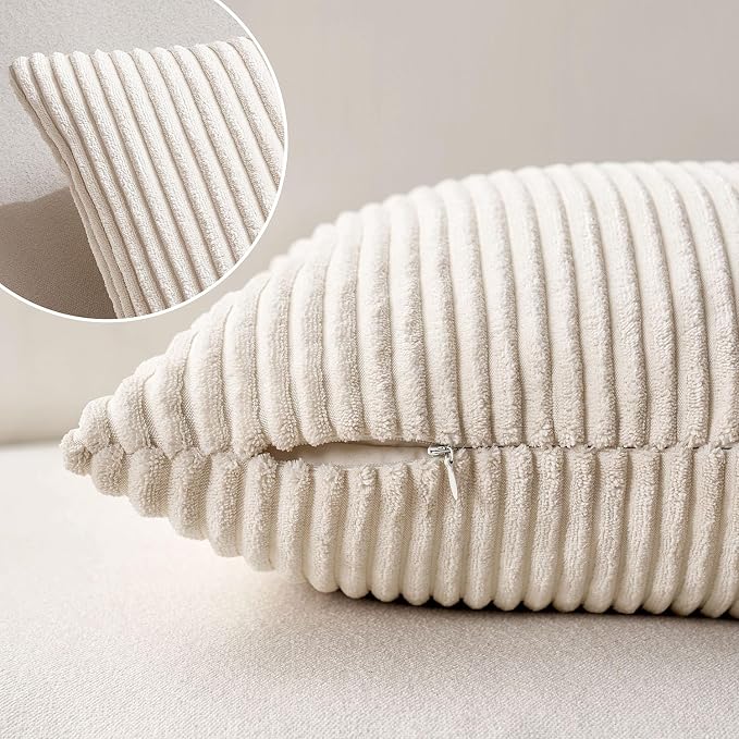 MIULEE Lumbar Soft Corduroy Throw Pillow Covers Set of 2 12x20 Cream White | Decorative Striped Textured Cushion Cases, Boho Pillowcases Neutral Home Decor, for Couch Chair Sofa Bed Living Room