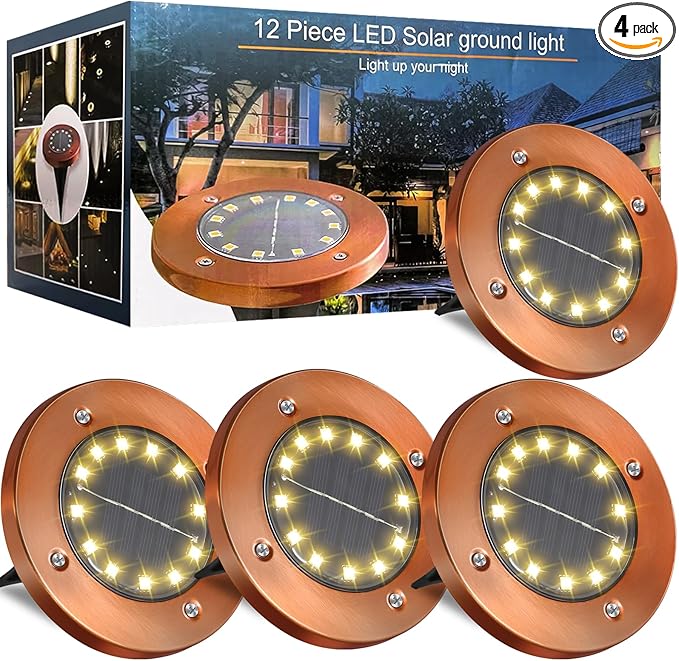 Solar Ground Lights Outdoor Waterproof Flat Garden Solar Disk Lights Outdoor Floor Lights 12 LED 4 Pack for Garden Patio Pathway Landscape Driveway Yard Path Decor