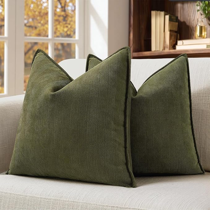 MIULEE Pack of 2 Olive Green Decorative Chenille Pillow Covers 18x18 Inch | Soft Couch Throw Pillows,Farmhouse Cushion Covers with Elegant Design for Sofa,Bedroom,Living Room,Spring Home Decor